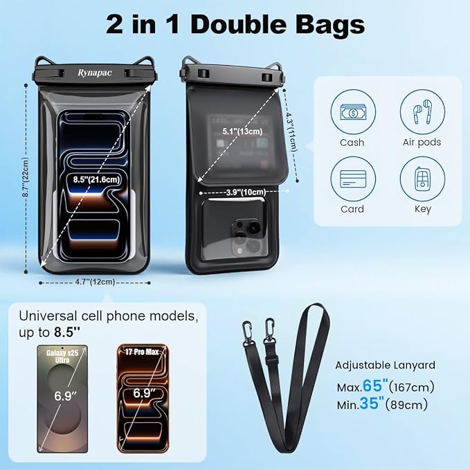 Rynapac IPX8 Waterproof Phone Pouch Floating, [Up to 8.5''] Double Space Waterproof Phone Case with Lanyard for iPhone 17 16 15 Pro Max, Cell Phone Dry Bag for Beach Travel Cruise Ship Essentials