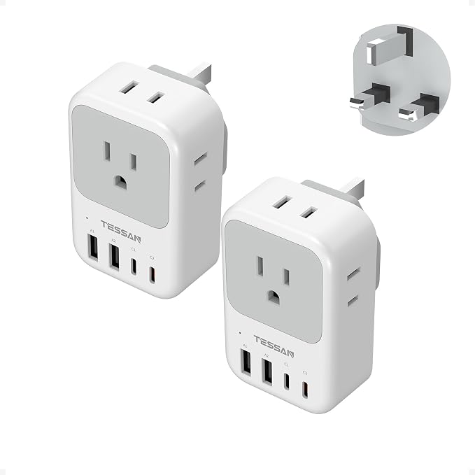 Type G Adapter for Travel 2 Pack, TESSAN PD 20W US to UK Plug Adapter with 4 AC Outlets 4 USB Ports (2 USB C), Ireland Power Adaptor for USA to England London British Scotland Dubai Hong Kong Kenya