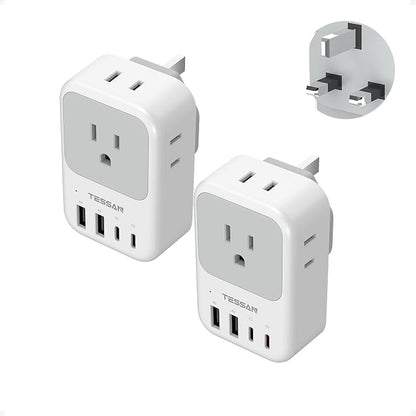 Type G Adapter for Travel 2 Pack, TESSAN PD 20W US to UK Plug Adapter with 4 AC Outlets 4 USB Ports (2 USB C), Ireland Power Adaptor for USA to England London British Scotland Dubai Hong Kong Kenya
