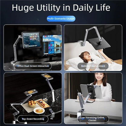 Magnetic Heavy Duty Metal Phone/Tablet Holder for Bed Adjustable Foldable Stand for Desk Aluminum Universal Lazy Bracket 360° Rotation Flexible Long Arm (Grey, Magnetic)