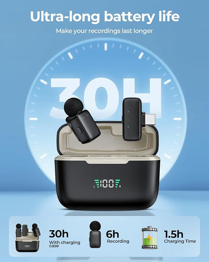 Mini Wireless Lavalier Microphone for iPhone/Android/Tablet/PC with Lightning/USB-C Plug, Noise Cancellation, Wireless Clip-on Mic with Charging Case for Video Recording TikTok YouTube Podcast