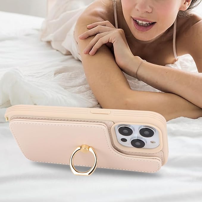 Lipvina for iPhone 14 Pro Case with Card Holder for Women,Phone Case with Strap,Crossbody Lanyard,RFID Blocking,Ring Stand,Snap Clasp,Cute Wallet Cases 6.1 inch (Beige)