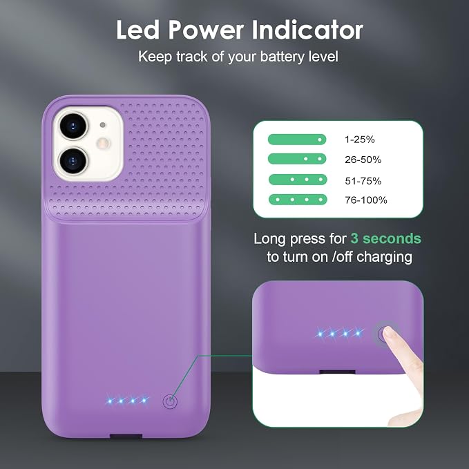 Battery Case for iPhone 12/12 Pro,[2025 Upgraded] 10800mAh Ultra-Slim Portable Extended Charger Case Cover for iPhone 12/12 Pro Charging Case (6.1 Inch)-Purple