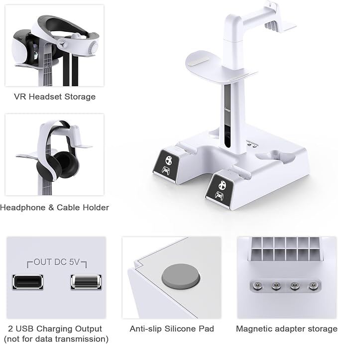 RGB Controller Charging Station for PS VR2 / PS5 / PS5 Edge with 5V/3A Adapter & 10 Led Light, Wireless Controller Charger Dock for PlayStation 5, Charging Stand with VR2 Headset Holder