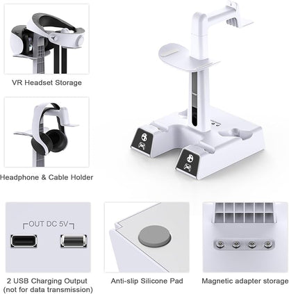 RGB Controller Charging Station for PS VR2 / PS5 / PS5 Edge with 5V/3A Adapter & 10 Led Light, Wireless Controller Charger Dock for PlayStation 5, Charging Stand with VR2 Headset Holder