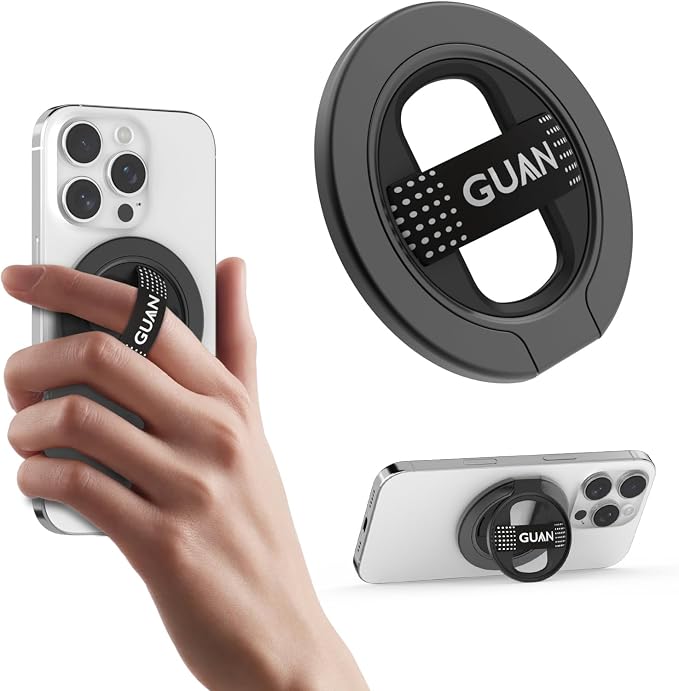 GUAN Magnetic Phone Holder Compatible with MagSafe, 360 Spin Phone Ring Holder, Replacement Silicone/Elastic Strap Ultra Thin Snap Grip Fits for iPhone 17, 16,15, Series All Phones, Black.