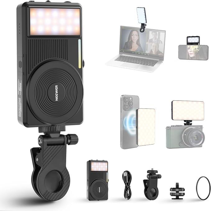 NEEWER Basics 5W Magnetic Phone Selfie Light for iPhone MagSafe, Dual Sided Clip LED Lighting 402lx/0.5m CRI90+ 3000mAh for Camera Recording Computer Video Conference Makeup Streaming, NL129D