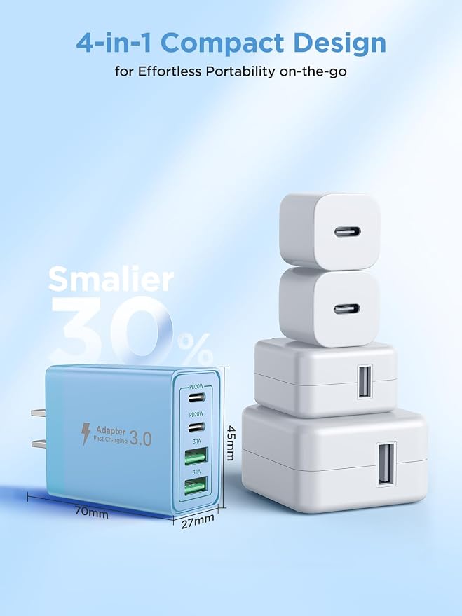 USB C Charger Block, 40W 4-Port Type C Fast Charging Cube Dual Charger Block PD Power Charger Adapter+QC 3.0 USB Multi Port Charging Brick for iPhone 16/15/14/13/12 Pro Max, iPad, Galaxy S24/23