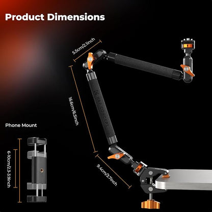 K&F CONCEPT 22" Magic Arm Clamp Kit, Overhead Desk Camera Mount, Long Articulating Friction Boom Arm for Phone, Action Camera, LED Light, Microphone