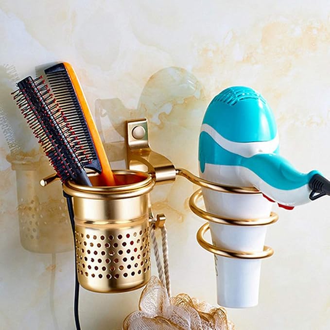 TOPINCN Hair Dryer Holder with Aluminum Storage Holder Wall Mount Hair Dryer Holder Wall Phone Holder with Fixing Screws for Hair Dryer, Hair Straightener(Gold)