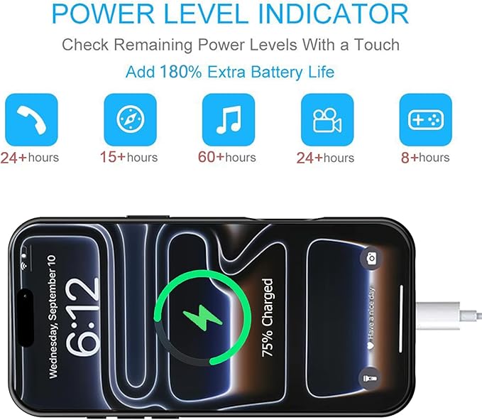 Battery Case for iPhone 17 Pro , 10000mAh Protective Charging Case with Wireless Charging Compatible with iPhone 17 Pro (6.3 inch) Rechargeable Extended Battery Pack Charger Case with Carplay (Black)