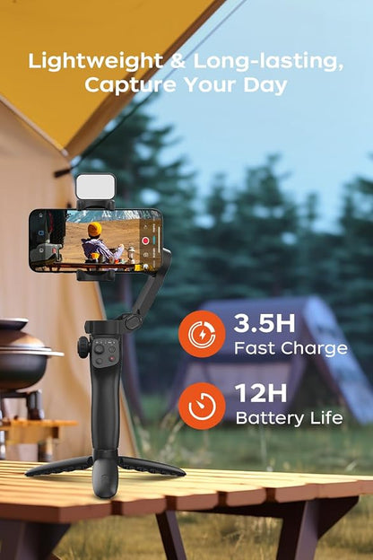 FUNSNAP Gimbal Stabilizer for iPhone, Phone Stabilizer, Portable Foldable 3-Axis Phone Gimbal with Magnetic Fill Light for Android & iPhone 17 16 15 Pro Max, Ideal for Travel Vlogging