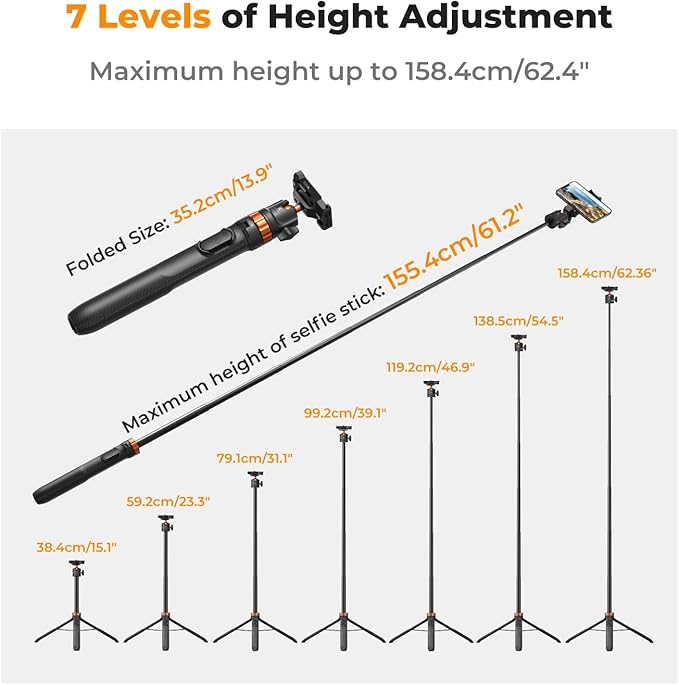 K&F CONCEPT 62'' Phone Selfie Stick Tripod, 2-in-1 Extendable Cell Phone Tripod Stand with Remote, 360° Ball Head Camera Tripod Compatible with DJI Osmo Pocket3 Action 6/5Pro GoPro 13/12 iPhone.
