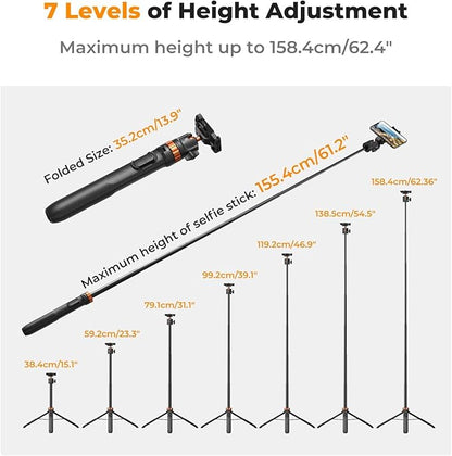 K&F CONCEPT 62'' Phone Selfie Stick Tripod, 2-in-1 Extendable Cell Phone Tripod Stand with Remote, 360° Ball Head Camera Tripod Compatible with DJI Osmo Pocket3 Action 6/5Pro GoPro 13/12 iPhone.