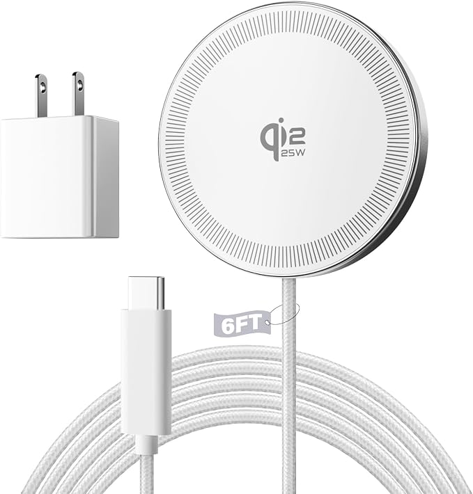 25W Magnetic Wireless Charger, 6FT Fast Charging Pad Qi2.2 Wireless Charge for iPhone 17 16 /AirPods3/2/Pro/for Galaxy S26 Ultra/Pixel 10 Series, Portable Charger for Desk& Travel(1Pack,White)