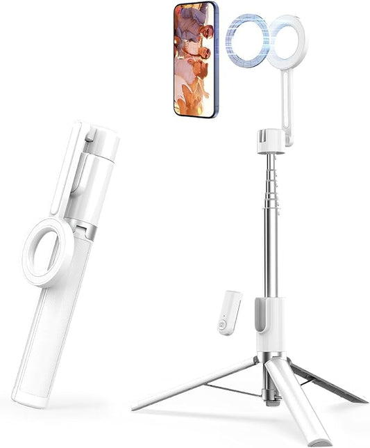 SEAJIC Magnetic Phone Tripod for iPhone 54" Selfie Stick Tripod with Remote and Metal Ring, Phone for Video Recording, Cell Phone Mount Stand for Cellphone (White)