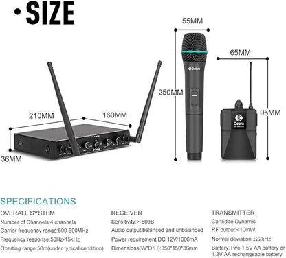 Debra Audio Pro UHF 4 Channel Wireless Microphone System with Cordless Handheld Lavalier Headset Mics, Metal Receiver, Ideal for Karaoke Church Party(with 4 Handheld (B))