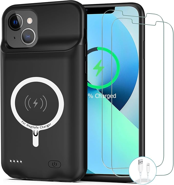 Battery Case for iPhone 13, [10000mAh] Enhanced Rechargeable Portable Protective Qi Wireless Charger Case Battery Pack Support CarPlay Wireless Charging Cover Compatible with iPhone 13(6.1 inch)-Black