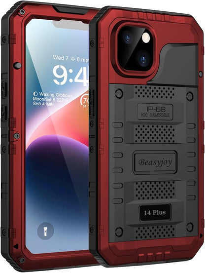 Beasyjoy for iPhone 14 Plus Case, IP68 Waterproof Metal Heavy Duty Defender Case with Built-in Screen Protector, Military Grade Full Body Protective Defender Shockproof Rugged Cover 6.7 Inch, Red