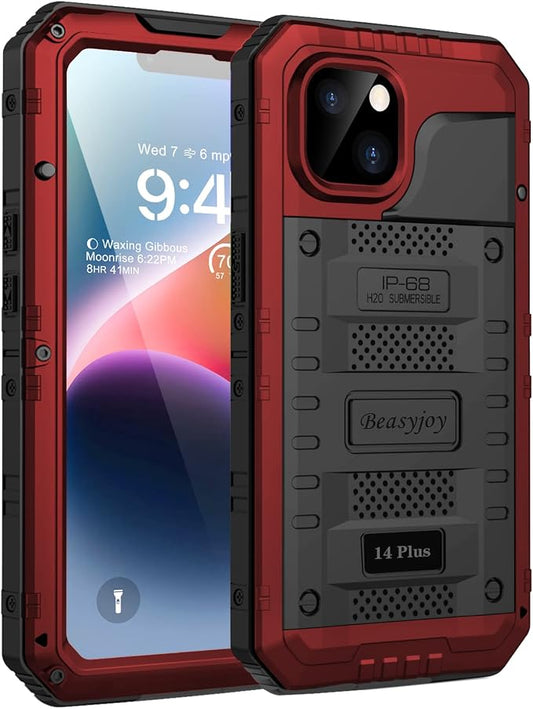 Beasyjoy for iPhone 14 Plus Case, IP68 Waterproof Metal Heavy Duty Defender Case with Built-in Screen Protector, Military Grade Full Body Protective Defender Shockproof Rugged Cover 6.7 Inch, Red