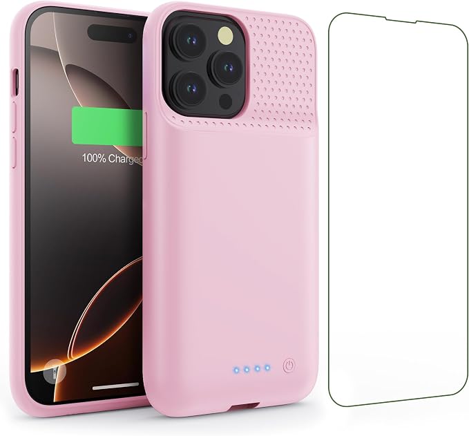 Feob Battery Case for iPhone 16 Pro Max,Ultra-Slim 8600mAh Portable Charger Cover 360°Protection Rechargeable Extended Battery Charging Case for iPhone 16 Pro Max-Pink