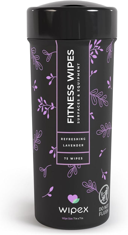 Wipex Yoga Mat Cleaner & Fitness Wipes - Natural Lavender & Vinegar Gym Equipment Cleaner - 75 Gym Wipes to Clean Yoga Mats, Spinning & Peloton Bikes, Weight Machines & Surfaces
