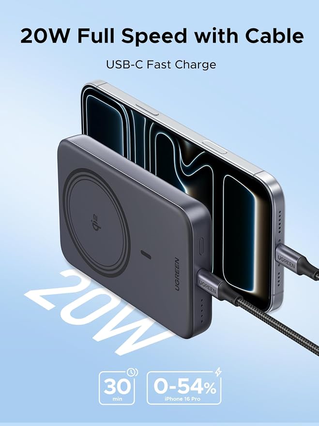 UGREEN Magnetic Power Bank Qi2 Certified 15W Fast Charging Wireless Battery Pack Slim 10000mAh Magsafe Portable Charger with 20W USB-C for iPhone 17/16/15/14/13/12 Series Black