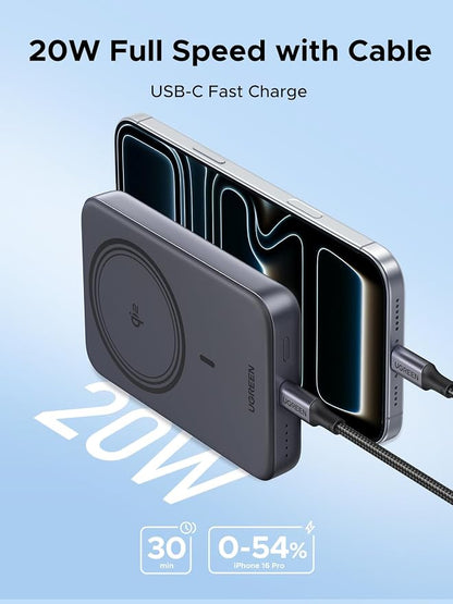 UGREEN Magnetic Power Bank Qi2 Certified 15W Fast Charging Wireless Battery Pack Slim 10000mAh Magsafe Portable Charger with 20W USB-C for iPhone 17/16/15/14/13/12 Series Black