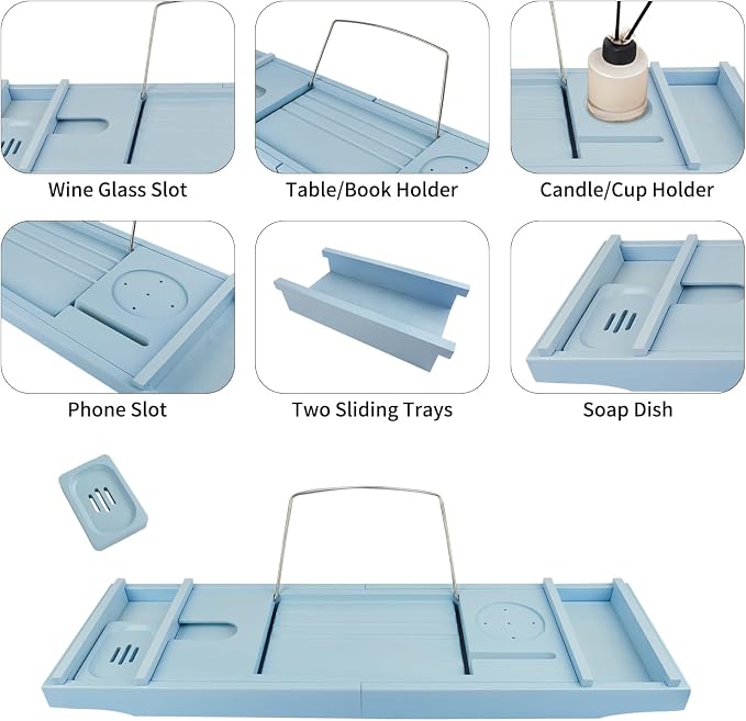 Bathtub Tray Caddy,Bamboo Bathroom Accessories,Expandable Bath Tray,Can be Placed Book and Integrated Tablet Smartphone and Wine Holder,Relaxing Gifts for Women（Blue