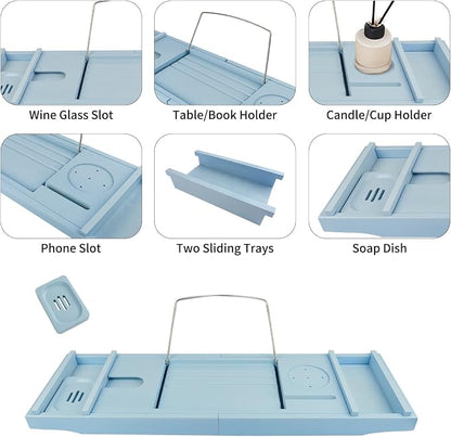 Bathtub Tray Caddy,Bamboo Bathroom Accessories,Expandable Bath Tray,Can be Placed Book and Integrated Tablet Smartphone and Wine Holder,Relaxing Gifts for Women（Blue