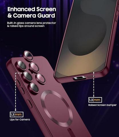 Magnetic for Samsung Galaxy S25 FE Case [Compatible with MagSafe][Built-in Camera Lens Protector] Slim Soft Silicone Bumper Shockproof Metallic Luster Phone Case, Burgundy