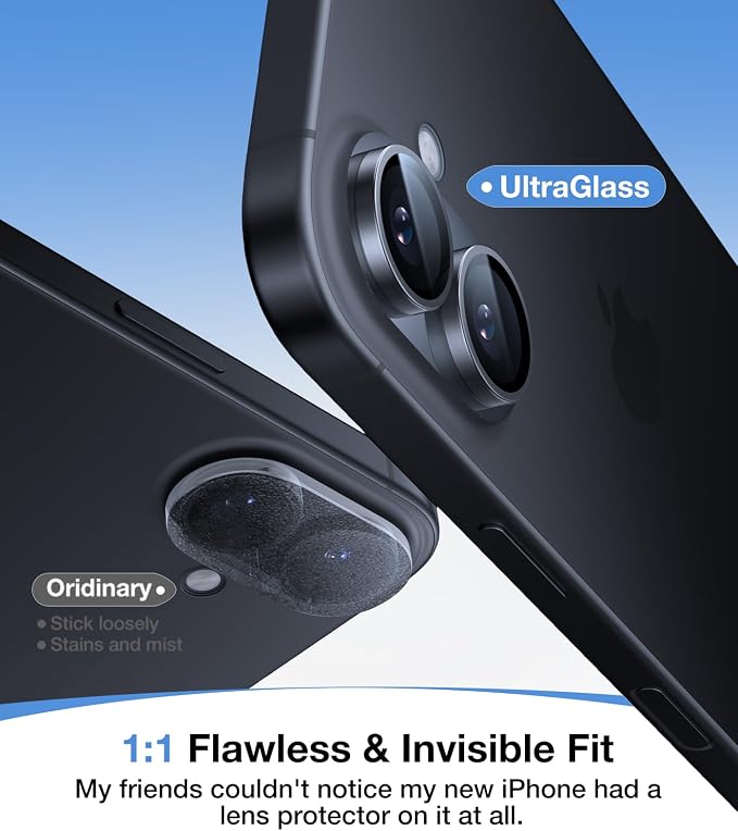 UltraGlass UNBREAK TOP 9H+ Glass for iPhone 16 Camera Lens Protector [Military Grade Shatterproof & Longest Durable] Camera Protector 16/16 Plus Tempered Glass Easy Installation, Black Titanium