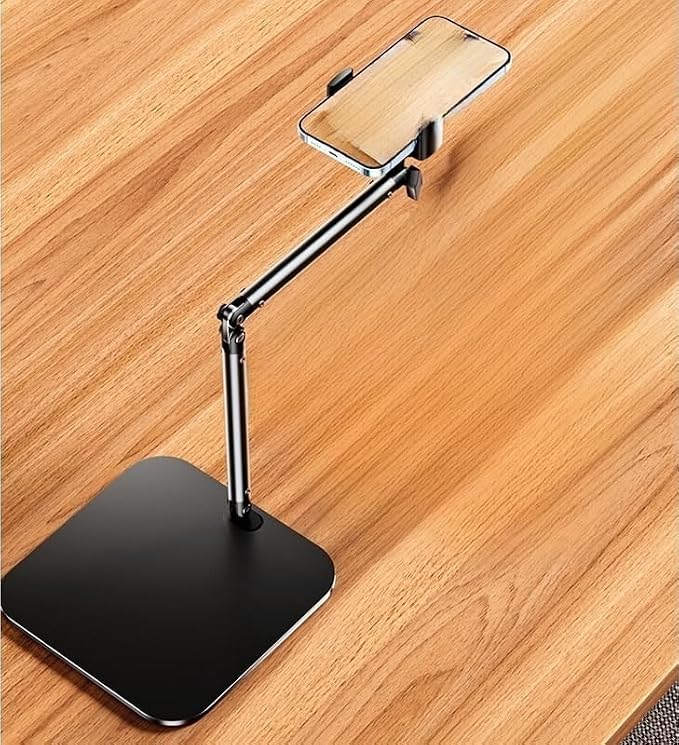Adjustable Overhead Phone Stand for Desk, Black Metal Articulating Arm Mount, Desktop Video Recording Tripod, Live Streaming Photography Holder