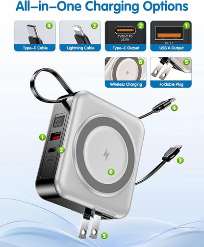 10000mAh for Magsafe Portable Charger Built-in Cables & AC Wall Plug,White | 6-in-1,PD 22.5W USB C Fast Charging,15W Magnetic Wireless Charging,Charge 5 devices at once,LED Display Travel Power Bank