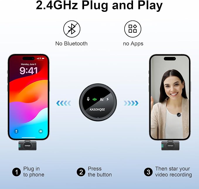 Wireless Lavalier Microphone for iPhone 16/15/14/13, iPad & Android, Magnetic Clip-on Mini Mic with Charging Case,30H Playtime Plug-Play Lapel Lavalier Mic for Vlog TikTok, AI Noise Reduction