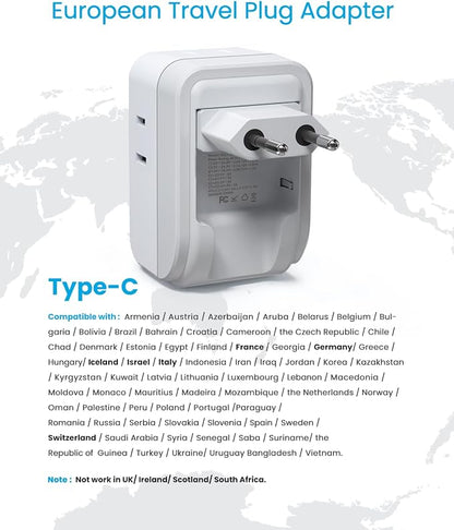 2 Pack European Travel Plug Adapter, VINTAR PD 20W Foldable Adapter for Europe Plug with 4 AC Outlets 3 USB Ports(2 USB C), Type C Adapter for US to Most of Europe EU Spain France Italy