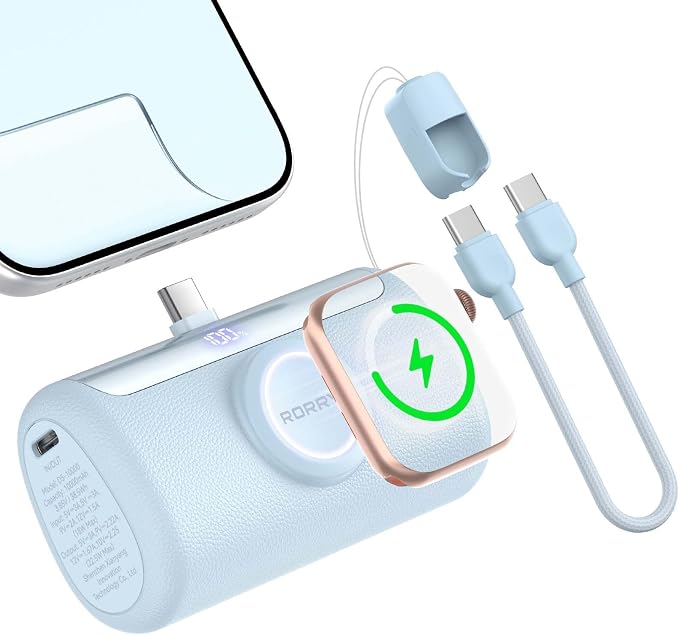 RORRY PalmGo Portable Charger Power Bank 10000mAh 3-in-1 Mini Battery Pack | Built-in USB-C Connector, 22.5W Fast Charging, for iPhone 17/16/15, Apple Watch, iPad, Travel Essential, Pocket Size