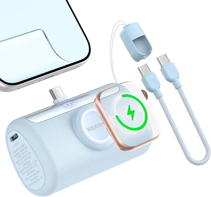 RORRY PalmGo Portable Charger Power Bank 10000mAh 3-in-1 Mini Battery Pack | Built-in USB-C Connector, 22.5W Fast Charging, for iPhone 17/16/15, Apple Watch, iPad, Travel Essential, Pocket Size
