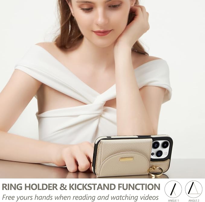 Keallce Wallet Case for iPhone 15 Pro 6.1'', Flip Case with Card Slots, Ring Holder Kickstand, PU Leather Protective Folio Cover for Women, Beige