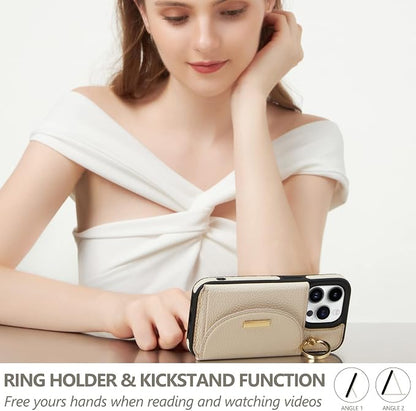 Keallce Wallet Case for iPhone 15 Pro 6.1'', Flip Case with Card Slots, Ring Holder Kickstand, PU Leather Protective Folio Cover for Women, Beige