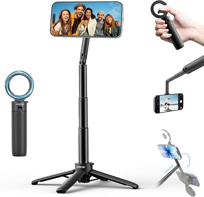 ULANZI MT71 Mini Magnetic Selfie Stick Tripod, Foldable & Lightweight, 180° Tilt, Compatible with iPhone 17-12 Series, with Adhesive Magnetic Ring for Desktop Shooting/Vlog/Selfie