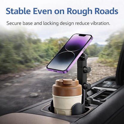 Adjustable Magnetic Cup Holder Phone Mount – MagSafe Compatible, Expandable Base, Long Arm Telescopic Car Holder, Includes Metal Ring for iPhone & Android