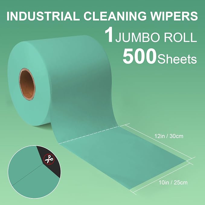 Cleanroom Wipes Heavy Duty Cloths, Lint-Free and Extra Absorbent Towels Jumbo Roll, Green (12"x10", 500 PCS)