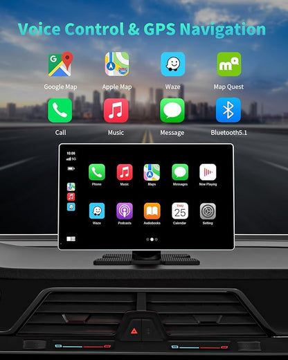 Portable Apple Carplay Screen for Car, 9" Wireless Apple Carplay & Android Auto,4K Dash Cam,1080p Backup Camera DVR,Car Audio Receivers GPS Navigation Mirror Link, Bluetooth,FM, Siri