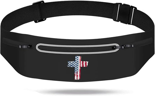 American Flag Cross Running Belts for Men,Christian Hats Jesus Cross fanny packs for women,Adjustable Black Waterproof Reflective phone holder,Slim Sports Waist Pack Faiths Prayers of Blessing