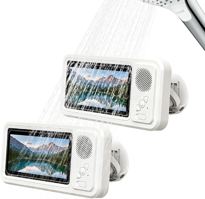 2026 Upgraded Waterproof Phone Holder with Speaker, Shower Phone Holder Waterproof Wall Mounted PhoneHolder, Built-in Smart Bluetooth Speaker, Waterproof/Fog-Resistant for Any Phone (2)