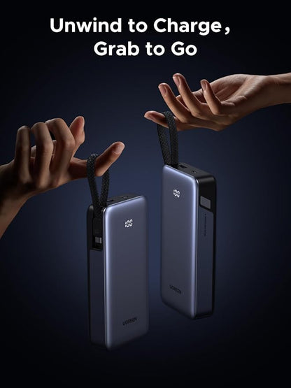 UGREEN Nexode Power Bank 20000mAh 45W with Built-in Cable, Fast Charging Portable Charger for iPhone 17 Pro/Samsung S26 Ultra/iPad Pro, 3-Port External Battery Pack with Digital Display, Travel Ready