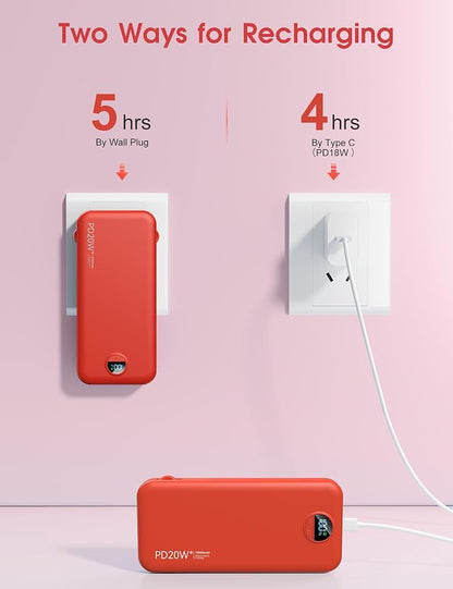 Portable Charger Power Bank, 10000mAh PD20W USB C Fast Charging with Built-in Cables & Wall Plug, 5-in-1 Battery Pack with LED Display, Ultimate Travel Essential for iPhone, iPad, Samsung Red