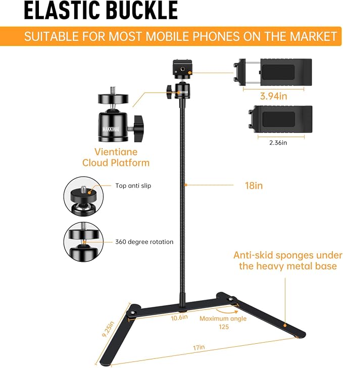 Phone Stand for Recording, Phone Tripod Adjustable and Solid, Overhead Phone Mount, Fixable Gooseneck Phone Holder for Video Recording, Online Teaching, Cookie Decorating, Live Streaming
