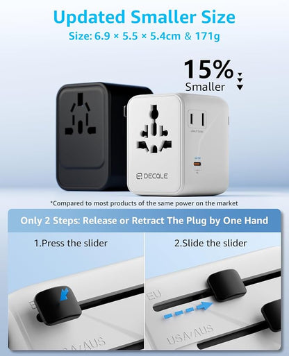 “Pro” Universal Travel Adapter 3 USB-C＆ 2 USB-A Cover 200+ Countries | GaN 45W, International Plug Adapter, All in One Portable Adapter, NOT A Voltage Converter, for USA, UK, EU, AU (White)